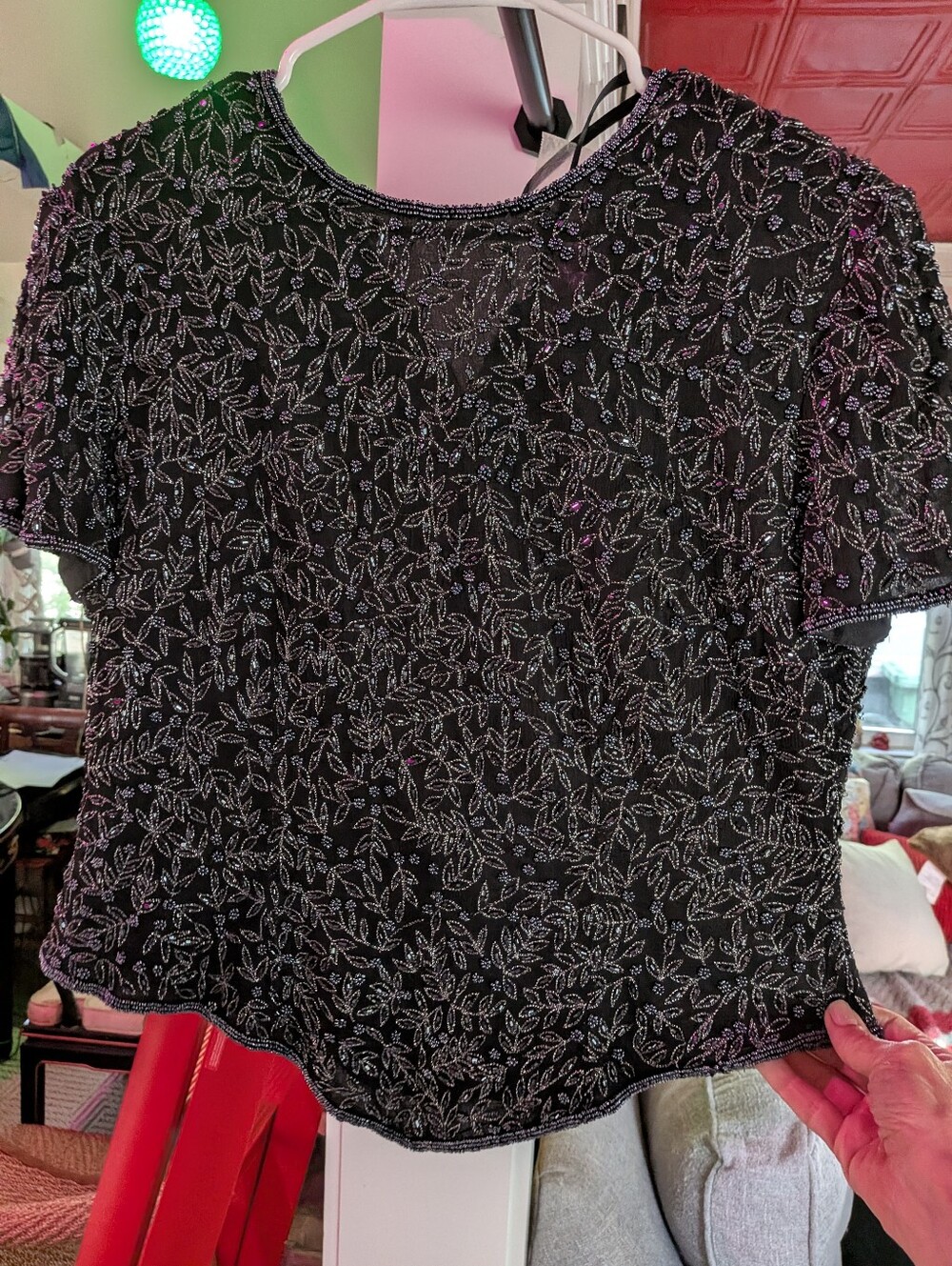 Papell Boutique Black Beaded Leaf-Pattern Short Sleeve Top